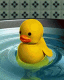 an animated blue rubber duck in the water