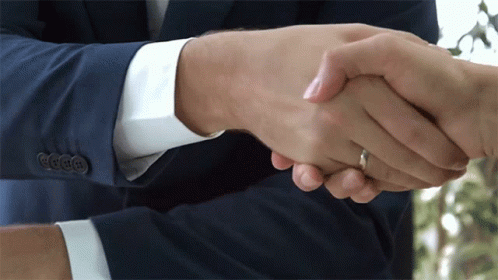 two men holding hands in a business meeting