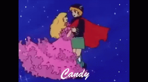 a cartoon of a girl with blonde hair hugging a guy in a purple dress