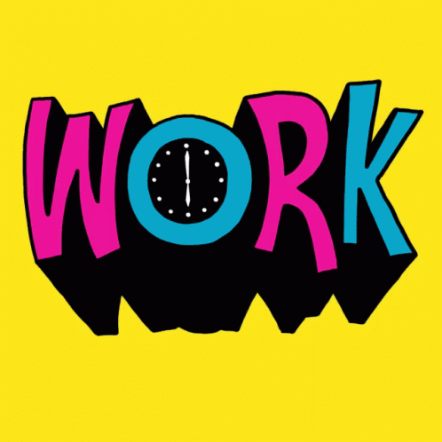 a cartoon clock sitting above words with the word work below it