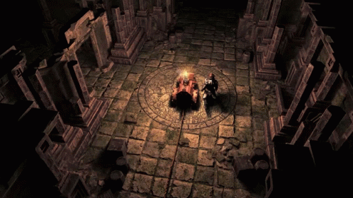 an animated video game scene with a dark courtyard