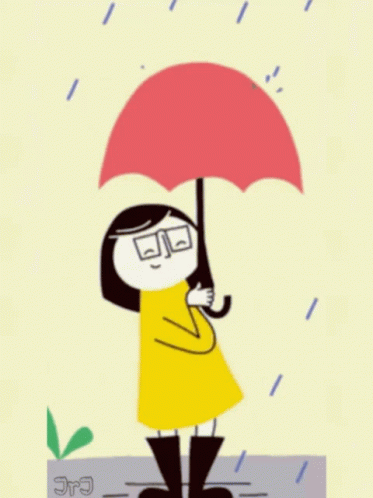 a drawing of a girl standing in the rain holding an umbrella