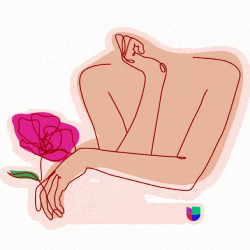 a drawing of a man with his arm wrapped around a pink flower