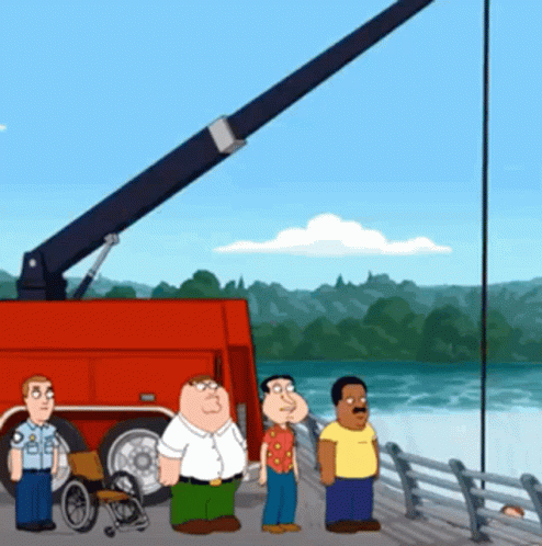cartoon characters on a dock near a water vehicle