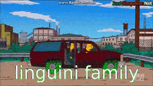 a picture of a car in the city with the words, lingunini family