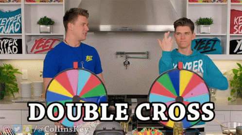 two guys holding their hands up in the kitchen with a rainbow colored wheel