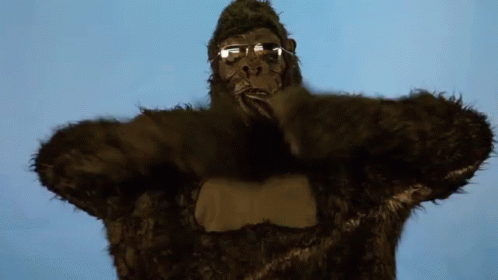 a person is wearing a black gorilla suit and glasses