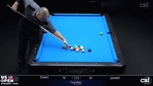 a man in a white shirt and black pants is playing pool