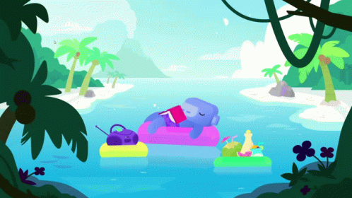 a cartoon elephant lying on its side on a pink blanket in the middle of a beach