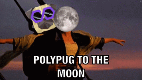 the image has two masks and words that say polypug to the moon