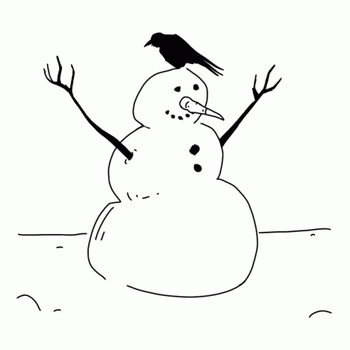 black and white drawing of snowman with a bird on top