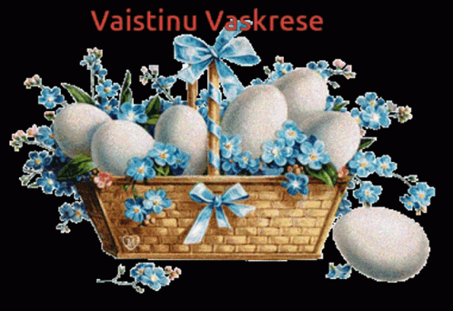 an image of a basket with eggs and flowers
