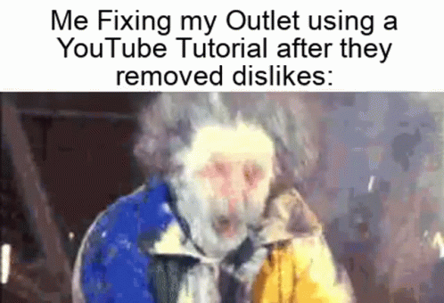 a woman in a red jacket looking over her shoulder and saying, me fixing my outlet using a youtube tube