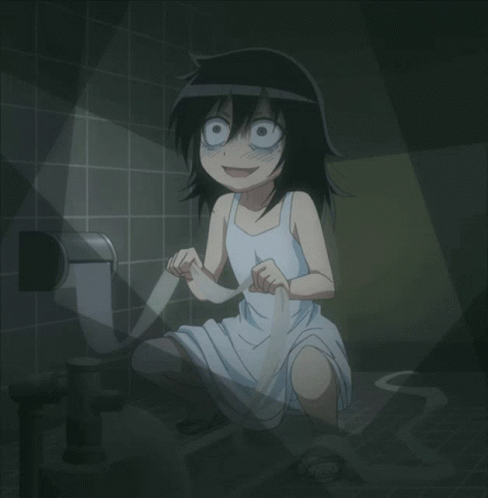 a cartoon woman with black hair and a face makeup standing on a toilet