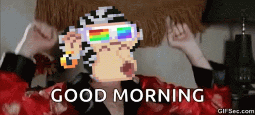 a poster that says, good morning with a pixelated girl