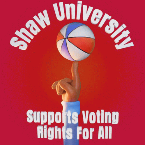 a hand holding a basketball and pointing to the side with the text shaw university