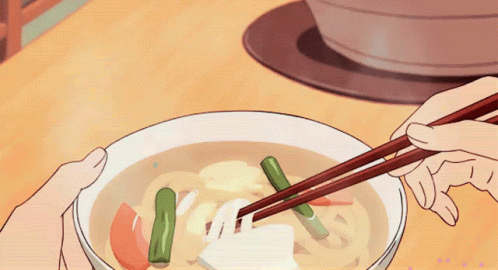 cartoon of hands holding chopsticks over bowl of liquid
