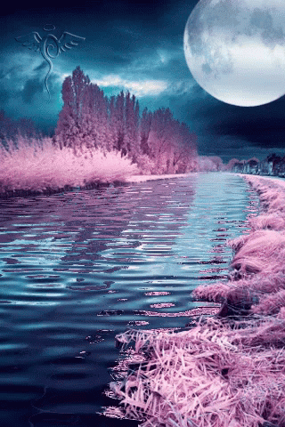 a surreal painting shows the moon reflecting in the water