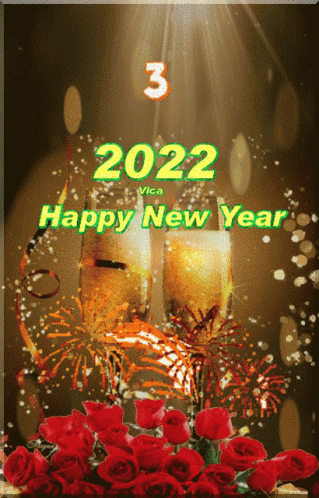 a blue and green new year card with flowers and fireworks