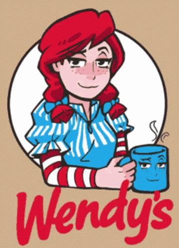 the logo for werndy's shows a cartooned girl holding a mug