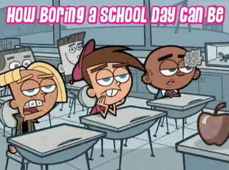 four cartoon characters sitting at desks in a classroom