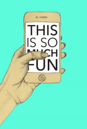 a woman holding up an iphone that says this is so fun