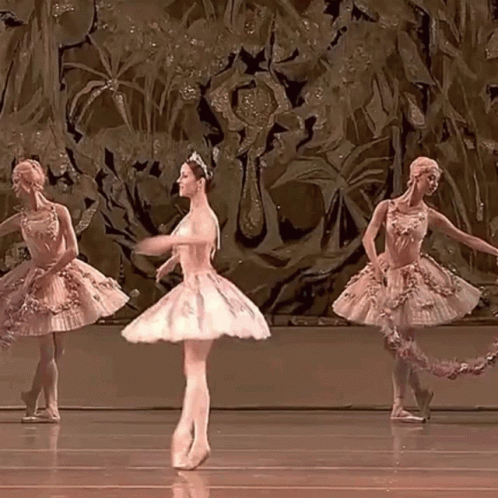 four ballet dancers dressed in costumes are on a stage