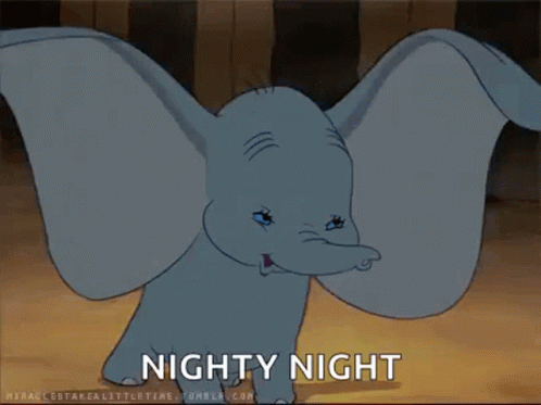 an elephant with big ears has its eyes open and the word nighty night is printed on it