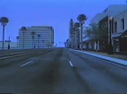 a screen grab from a driving video show showing a street scene with a palm tree - lined street and buildings
