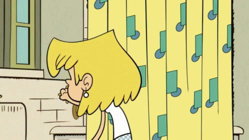 a cartoon of a person with long hair standing next to a shower curtain
