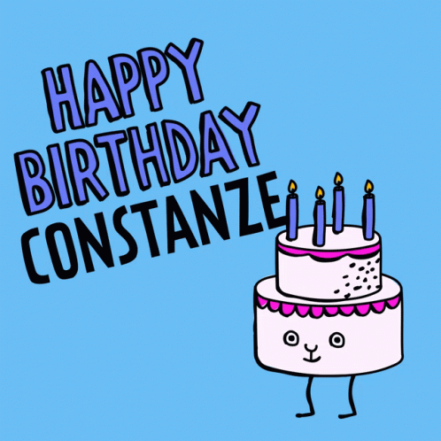 a white cake with pink candles with the words happy birthday constanze