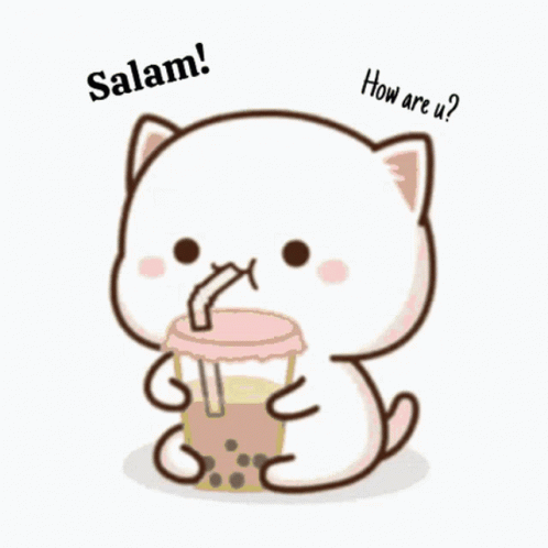 a white cat with a drink, says salem how are i?