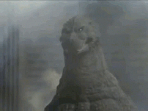 a black and white image of an angry godzilla