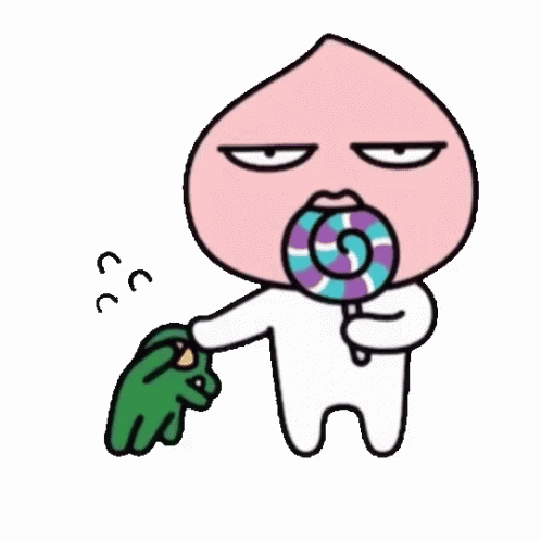 a cartoon character holding a green spritet with lollipops