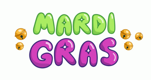 a logo for mardi gras with green and purple lettering