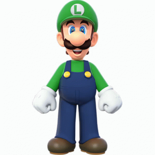 a super mario character is wearing an overall and a green cap