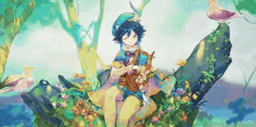 a anime girl in a blue dress sitting on a tree