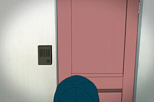 cartoon character looking at person standing in front of a purple door