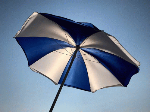 a brown and white umbrella is standing on a pole