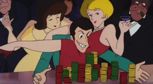 cartoon people are surrounded by stacks of coin