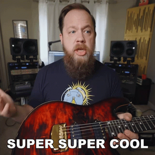 a man is playing an electric guitar and text says super super cool