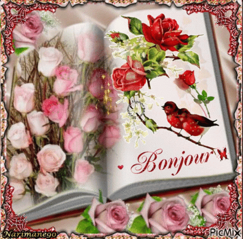 an open book with roses and purple flowers on it