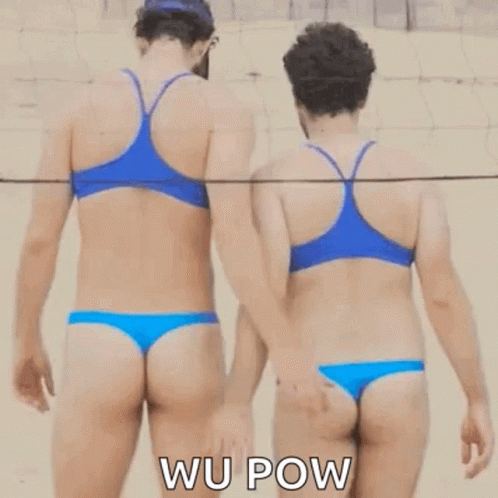 two people that are standing side by side in their underwear