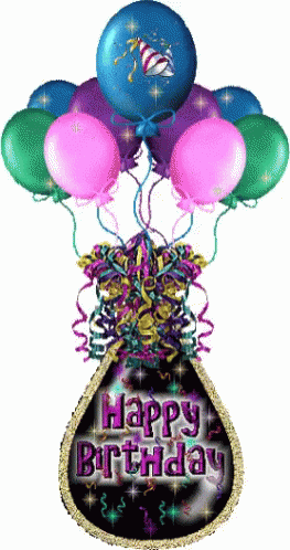 a birthday balloon bouquet with balloons, and some confetti