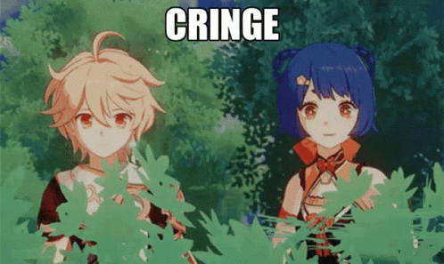 two anime characters stand behind some leaves that reads cringe