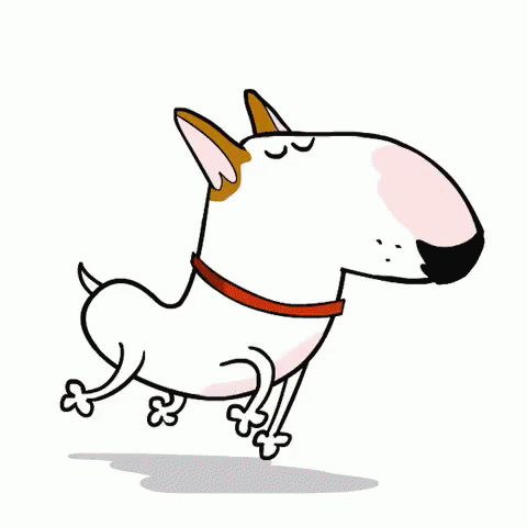 the illustration depicts a white dog with a blue collar on a skateboard