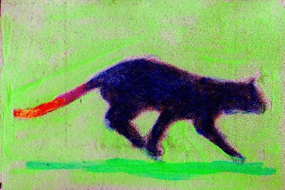 an altered painting of a cat on the ground
