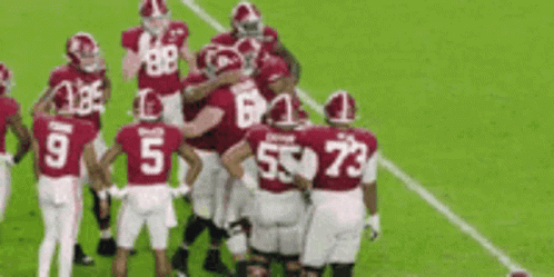 a football team is huddled up together and celeting