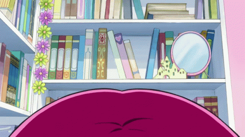 an animated purple octo in front of bookcases