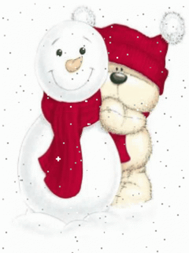 a blue and white snowman hugging an animated snow dog
